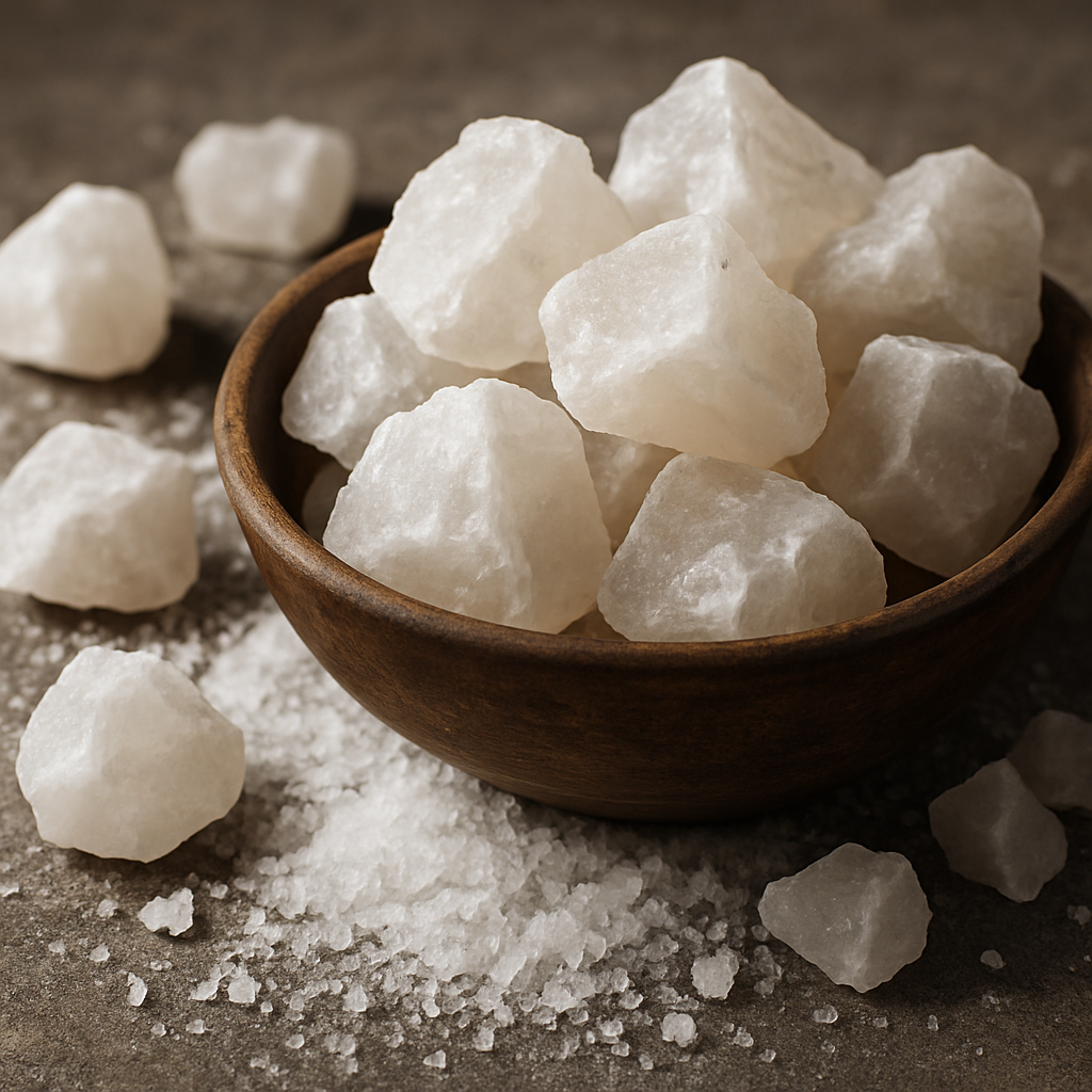 Rock salt in wooden bowl